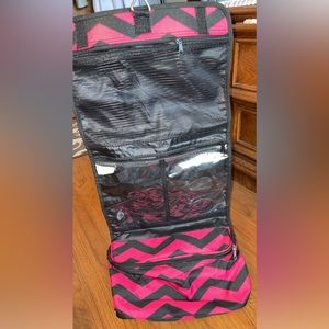 pink and black chevron toiletries hanging carrier